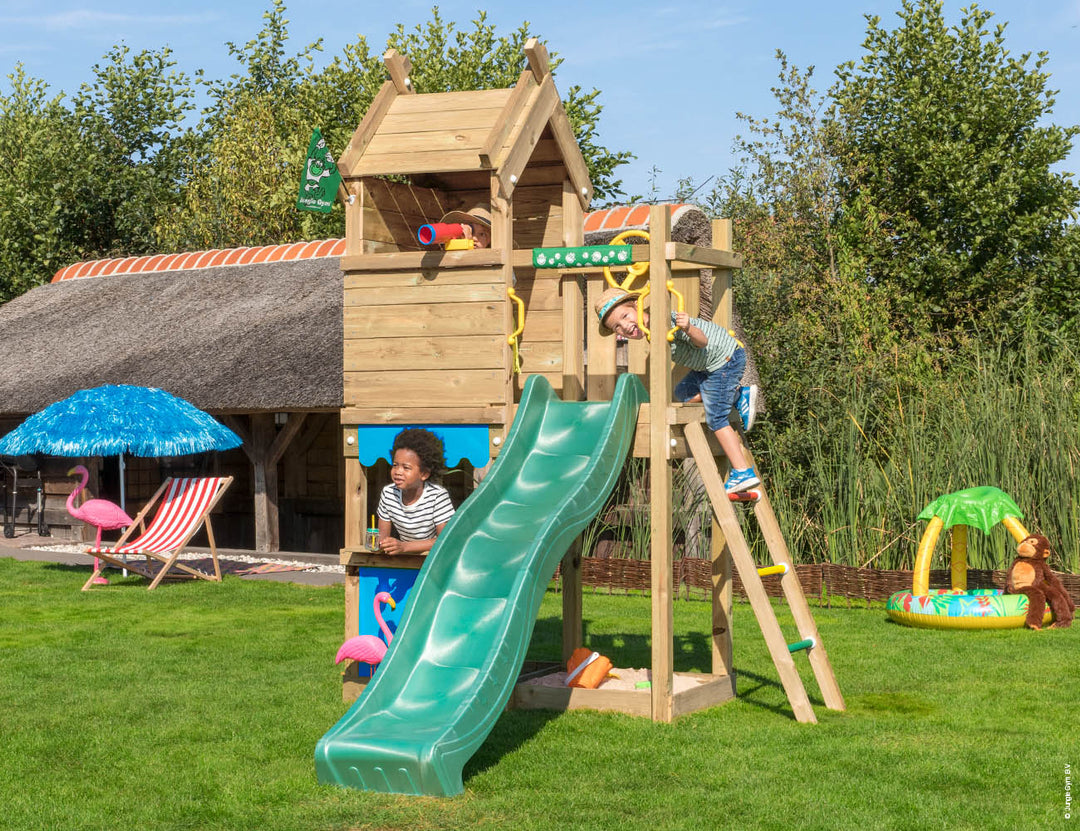 Jungle Resort | Tower playhouse with slide & market stall