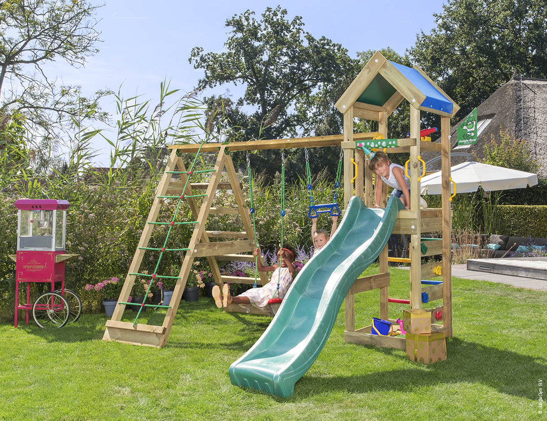 Jungle Patio | Wooden climbing frame with swings & climbing net